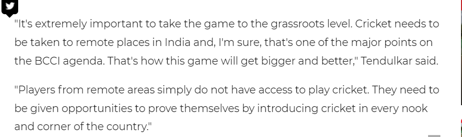 Sachin Tendulkar stresses the need for grassroots cricket upliftment.